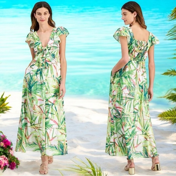 Taylor Tropical Vacation Flutter Sleeve Maxi Dress Women's Size 14W - Picture 1 of 15